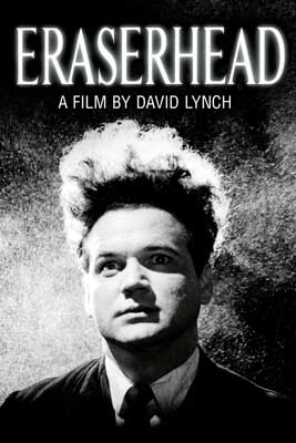 Eraserhead Movie Poster with black and white image of person with really high hair on head