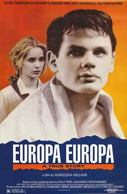 Europa Europa Movie Poster with image of two people with washed out coloring and one has a towel over shoulders