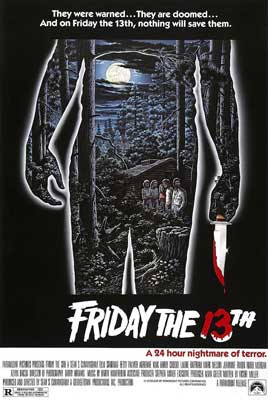 Friday the 13th Movie Poster with outline of person holding a knife dripping with blood and forest with group of people inside outlined body 