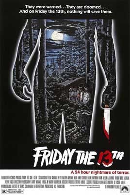 Friday the 13th Movie Poster with outline of person holding a knife dripping with blood and forest with group of people inside outlined body