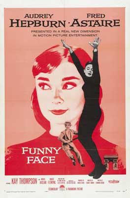Funny Face Movie Poster with image of face of person with short hair and bangs, tinted red and another wearing black standing in front of it