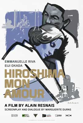 Hiroshima Mon Amour Movie Poster with illustrated person laying head on shoulder of another