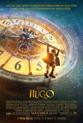Hugo Movie Poster with image of person hanging from enlarged clock face with a golden glow
