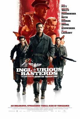 Inglourious Basterds Movie Poster with image of group of people with weapons and above them, two people in dresses with red tint over them