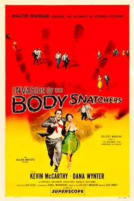 Invasion of the Body Snatchers Movie Poster with image of person in gray suit and red tie running with person in green dress with red and yellow background