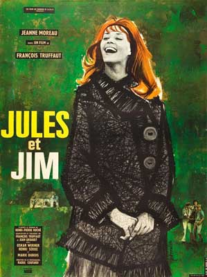 Jules et Jim Movie Poster with image of person with red hair wearing black against green background