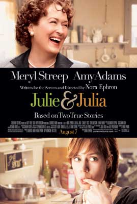 Julie and Julia Movie Poster with image of older person with short curly hair laughing and younger person in kitchen below