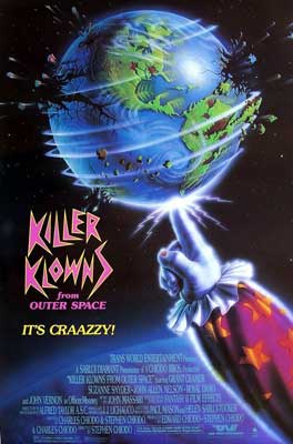 Killer Klowns from Outer Space Movie Poster with white gloved finger twirling the earth on it