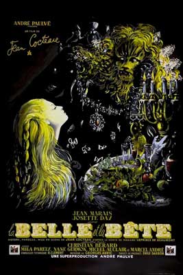 La Belle et la Bete Movie Poster with image of person with long yellow hair looking to a monster like creature