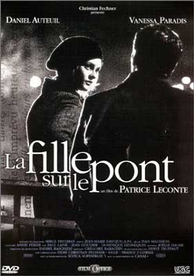 La Fille sur la Pont Movie Poster with black and white image of two people sitting and looking at each other