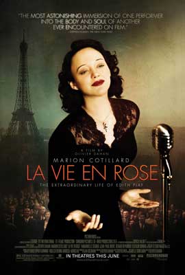 La Vie En Rose Movie Poster with image of white person with red lips and brown hair and Eiffel Tower in the background 