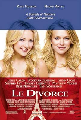 Le Divorce Movie Poster with image of blue, white and red French flag colors and two white blonde women's faces