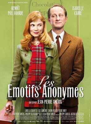 Les Emotifs Anonymes Movie Poster with two people standing in front of a green wall with one wearing brown suit and one in green with red plaid scarf