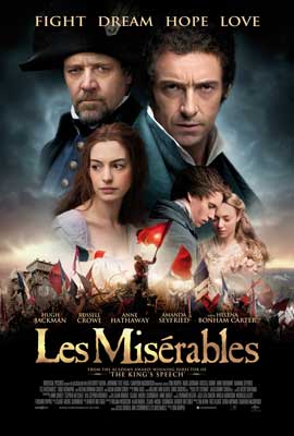Les Miserables Movie Poster with image of people in war uniforms above people fighting with French flags raised