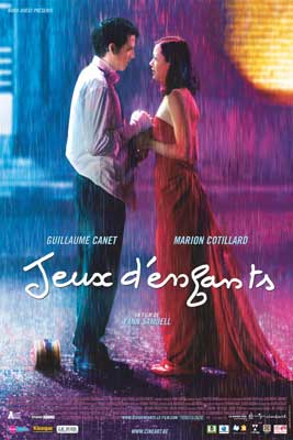 Love Me if You Dare Movie Poster with person in red dress talking to person in white collared shirt with tie and pants in rain