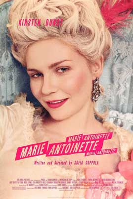 Marie Antoinette Movie Poster with image of person with very pale skin in dress and earrings with old-fashioned up-do hairstyle
