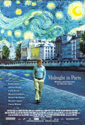 Midnight In Paris Movie Poster with image of person in blue top and tan pants walking next to river with buildings in the background