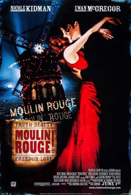Moulin Rouge! Movie Poster with image of person in red dress with arms around person in black tux with windmill in the background