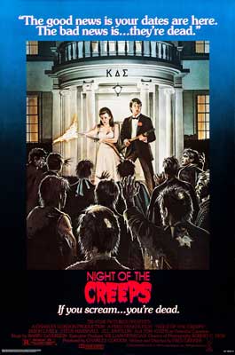 Night of the Creeps Movie Poster with image of person in light colored dress and person in tuxedo standing in front of group of people
