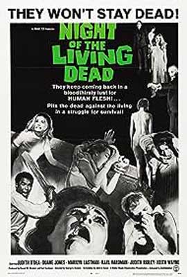 Night of the Living Dead Movie Poster with black and white images of various people screaming, holding weapons, and looking scared