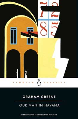 Our Man in Havana by Graham Greene book cover with illustrated doorway with two people and numbers 72 crossed out with 85 underneath it