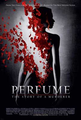 Perfume Movie Poster with image of person's body disintegrating into red petals