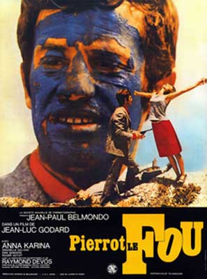 Pierrot le Fou Movie Poster with image of person with blue paint on face and smaller image  of woman with arms in the air 