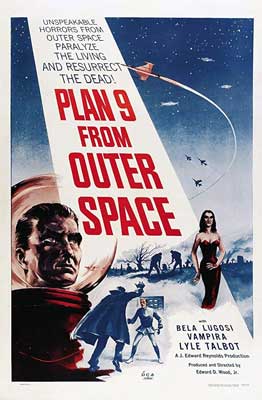 Plan 9 from Outer Space Movie Poster with image of multipme people in scenes with sky filled with spaceships