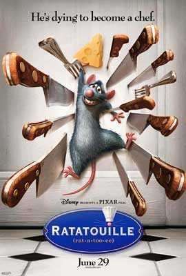 Ratatouille Movie Poster with image of gray rat hanging onto fork with knives stabbed into wall around it