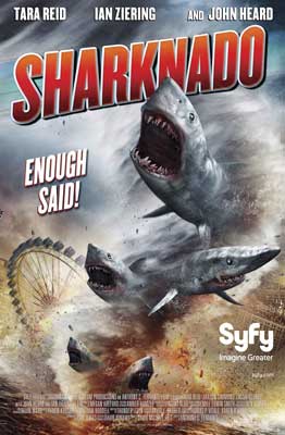 Sharknado Movie Poster with image of gray sharks twirling in the air over a ferris wheel
