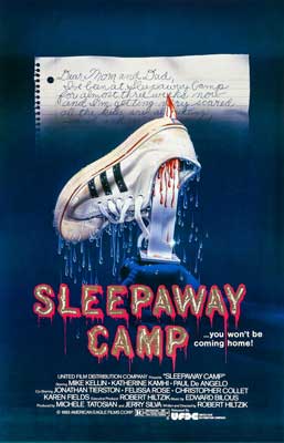 Sleepaway Camp Movie Poster with image of tipped over white shoe with stripes and bloodied knife slicing through its heel, holding it up