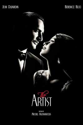 The Artist Movie Poster with black, white, and red image of two people with lips close together and smiling