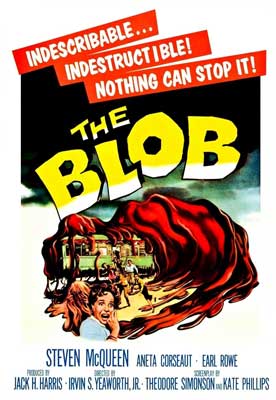 The Blob Movie Poster with illustrated image red blob consuming a green structure with people in it