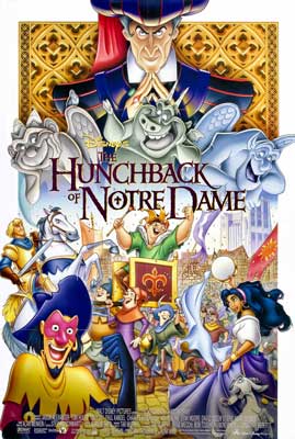 The Hunchback Of Notre Dame Movie Poster with illustrated images of characters, gargoyles, and a bad guy at the top