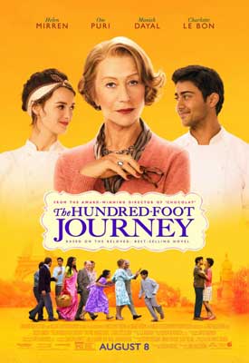 The Hundred Foot Journey Movie Poster with image of three lead stars at top and group of people clapping as two people embrace below