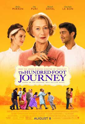 The Hundred Foot Journey Movie Poster with image of three lead stars at top and group of people clapping as two people embrace below