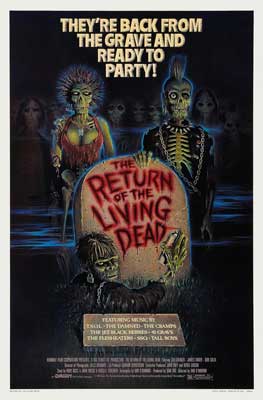 The Return of the Living Dead Movie Poster with illustrated two ghosts standing behind tombstone with name of movie in red on it