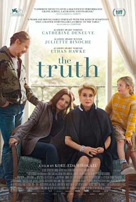 The Truth Movie Poster with image of two people sitting on a loveseat with child on the armrest and person standing patting one person's shoulder