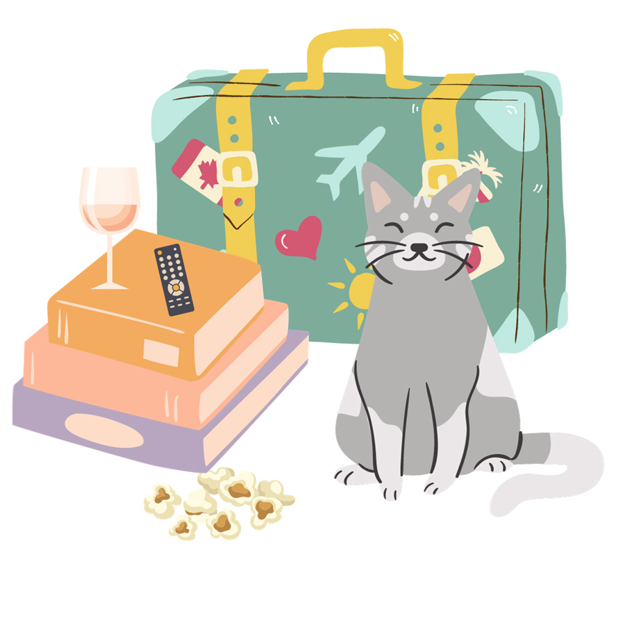 The Uncorked Librarian Logo with graphics of gray cat, stack of books, glass of pink wine, green suitcase