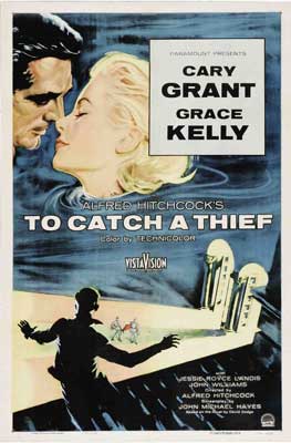 To Catch a Thief Movie Poster with image of two people about to kiss with heads above water and scene below them of person on roof in shadows with two lit doorways
