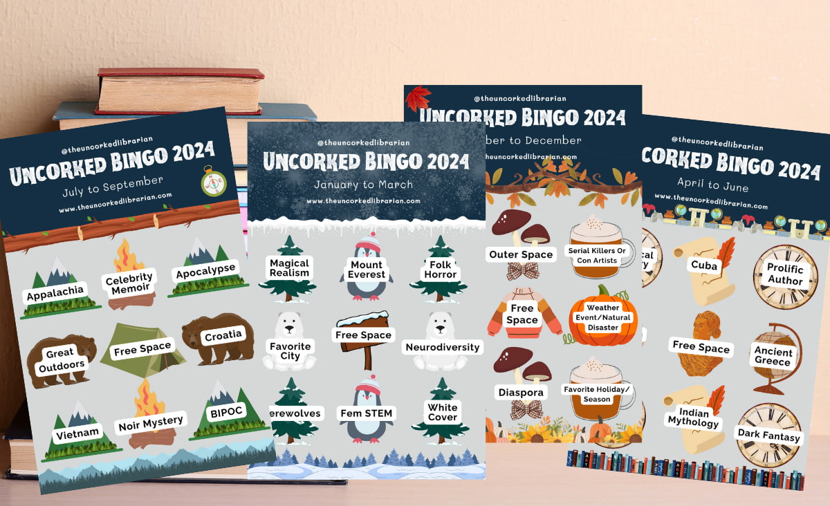 Article featured image showcasing the Uncorked 2024 Reading Challenge with all four bingo cards with cute icons and themes over each icon along with blurred background of stacked books with tan wall