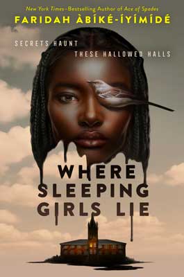 Where Sleeping Girls Lie by Faridah Àbíké-Íyímídé book cover with Black person's floating face with lit older building underneath and bird covering one eye