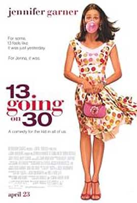 13 Going on 30 Movie Poster with white person in polka dot dress holding pink purse