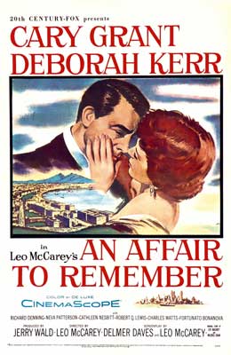 An Affair to Remember Movie Poster with illustrated image of two people kissing and landscape with water and buildings behind them