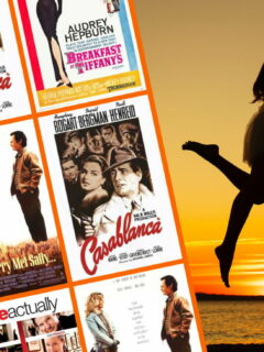 Article's featured image with movies posters for some of the Best Classic Romance Movies like When Harry Met Sally, Casablanca, Love Actually, and Breakfast at Tiffany's with image of shadows of person picking up another on beach with yellow-orange sunset in the background