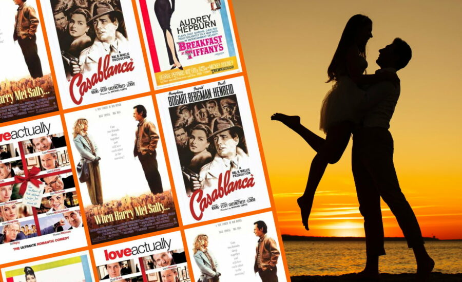 Article's featured image with movies posters for some of the Best Classic Romance Movies like When Harry Met Sally, Casablanca, Love Actually, and Breakfast at Tiffany's with image of shadows of person picking up another on beach with yellow-orange sunset in the background