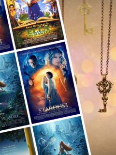 Image with golden keys hanging from chains and best Fantasy Romance Movies posters for The Little Mermaid, Ella Enchanted, The Princess Bride, and Star Dust