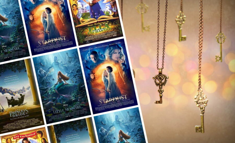 Image with golden keys hanging from chains and best Fantasy Romance Movies posters for The Little Mermaid, Ella Enchanted, The Princess Bride, and Star Dust