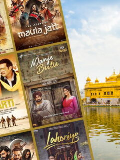 Image of Golden Temple in Amritsar with water in front of it and some of the best Punjabi Movies film posters like Dharti, Lahoriye, and Manje Bistre