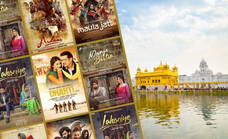Image of Golden Temple in Amritsar with water in front of it and some of the best Punjabi Movies film posters like Dharti, Lahoriye, and Manje Bistre